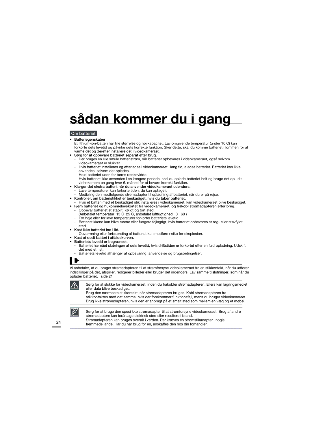 Samsung HMX-S10BP/EDC manual Brug af en vekselstrømforsyning, Om batteriet 