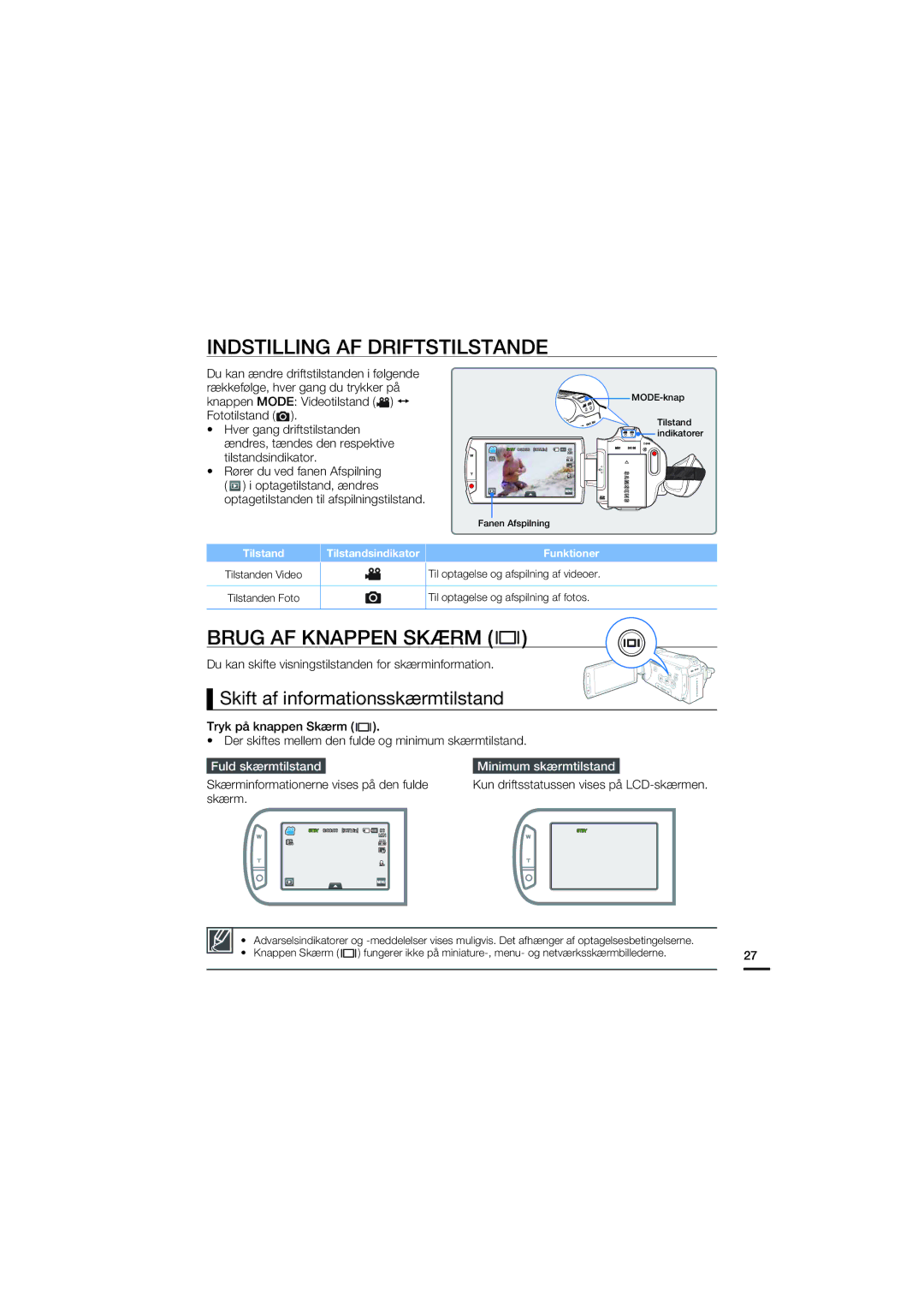 Samsung HMX-S10BP/EDC manual Indstilling AF Driftstilstande, Brug AF Knappen Skærm, Skift af informationsskærmtilstand 