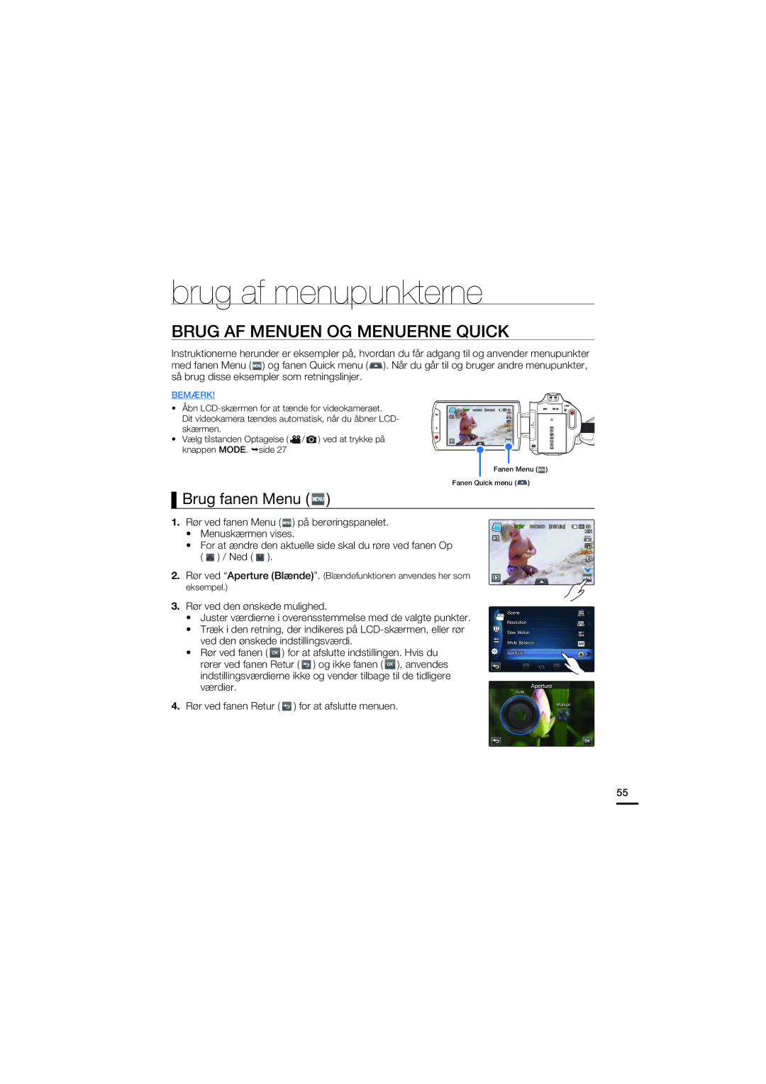 Samsung HMX-S10BP/EDC manual Brug af menupunkterne, Brug AF Menuen OG Menuerne Quick, Brug fanen Menu 