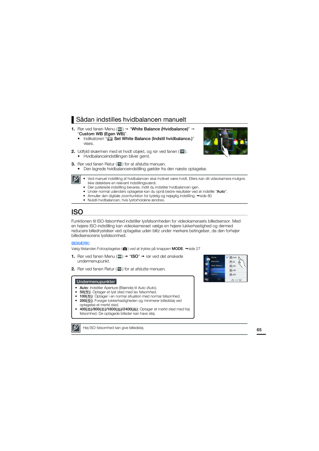 Samsung HMX-S10BP/EDC manual Iso, Sådan indstilles hvidbalancen manuelt 