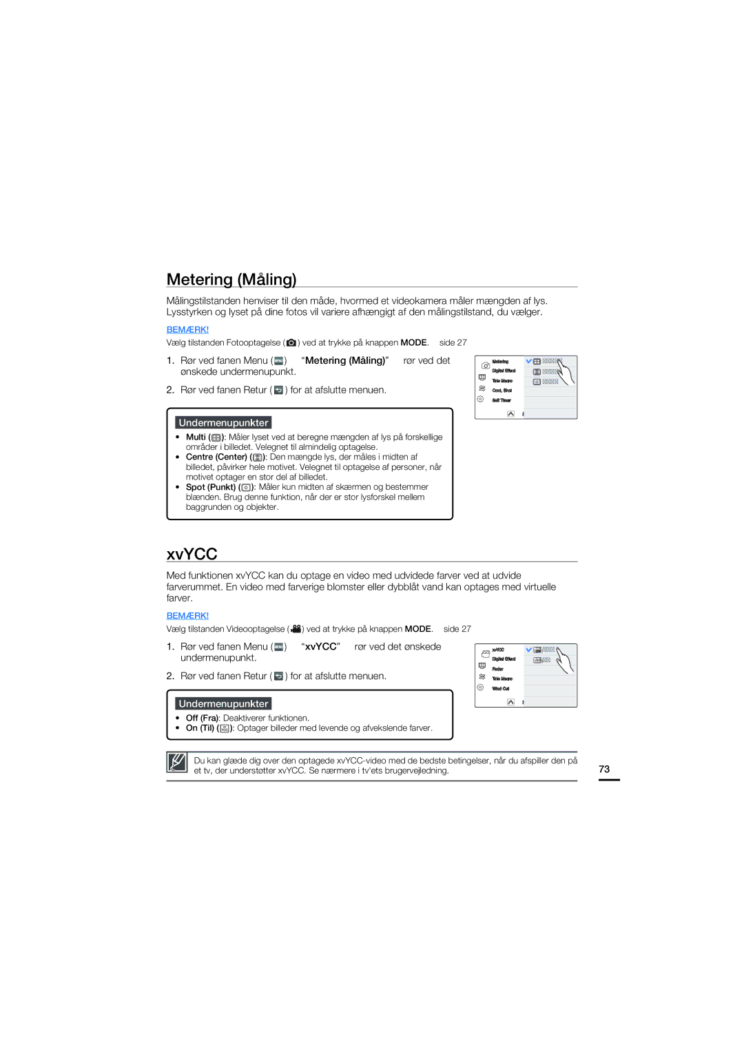 Samsung HMX-S10BP/EDC manual Metering Måling, Rør ved fanen Menu XvYCC rør ved det ønskede, Undermenupunkt 