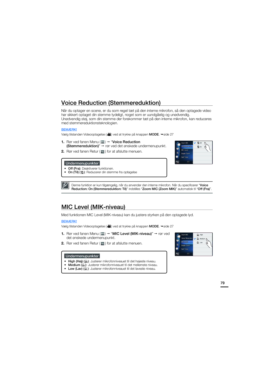 Samsung HMX-S10BP/EDC manual Voice Reduction Stemmereduktion, MIC Level MIK-niveau 