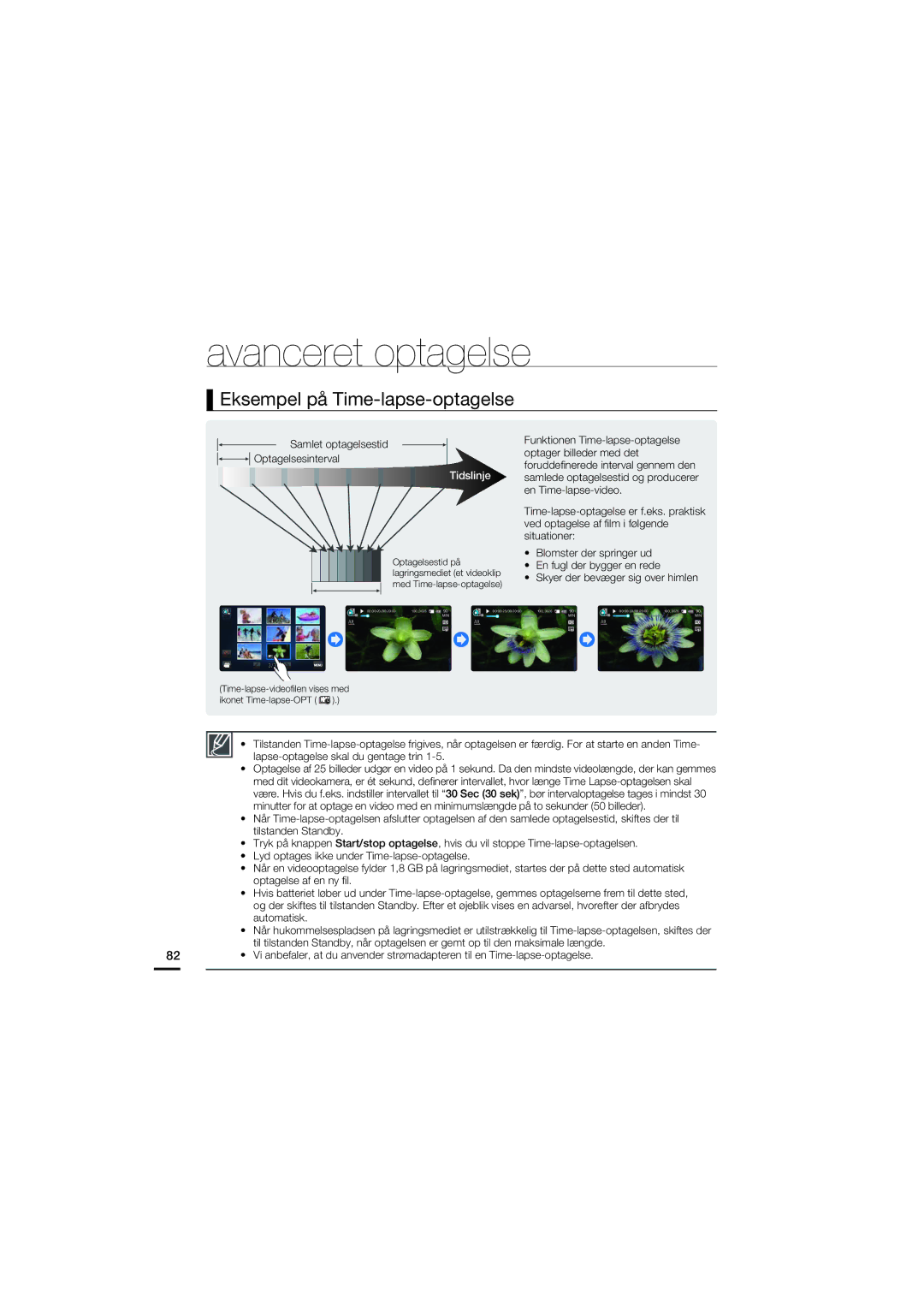 Samsung HMX-S10BP/EDC manual Eksempel på Time-lapse-optagelse, Samlet optagelsestid Optagelsesinterval 