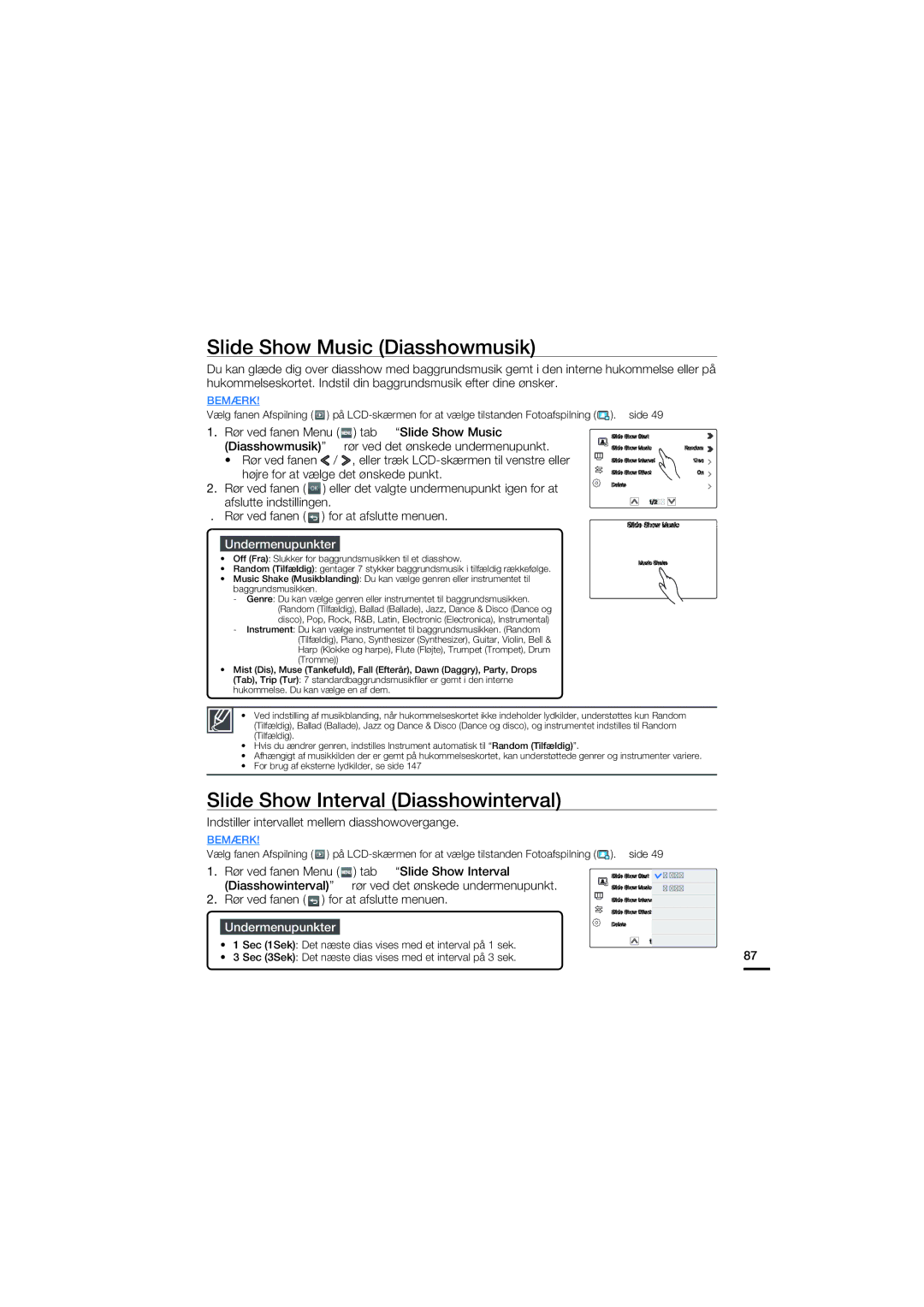 Samsung HMX-S10BP/EDC manual Slide Show Music Diasshowmusik, Slide Show Interval Diasshowinterval 