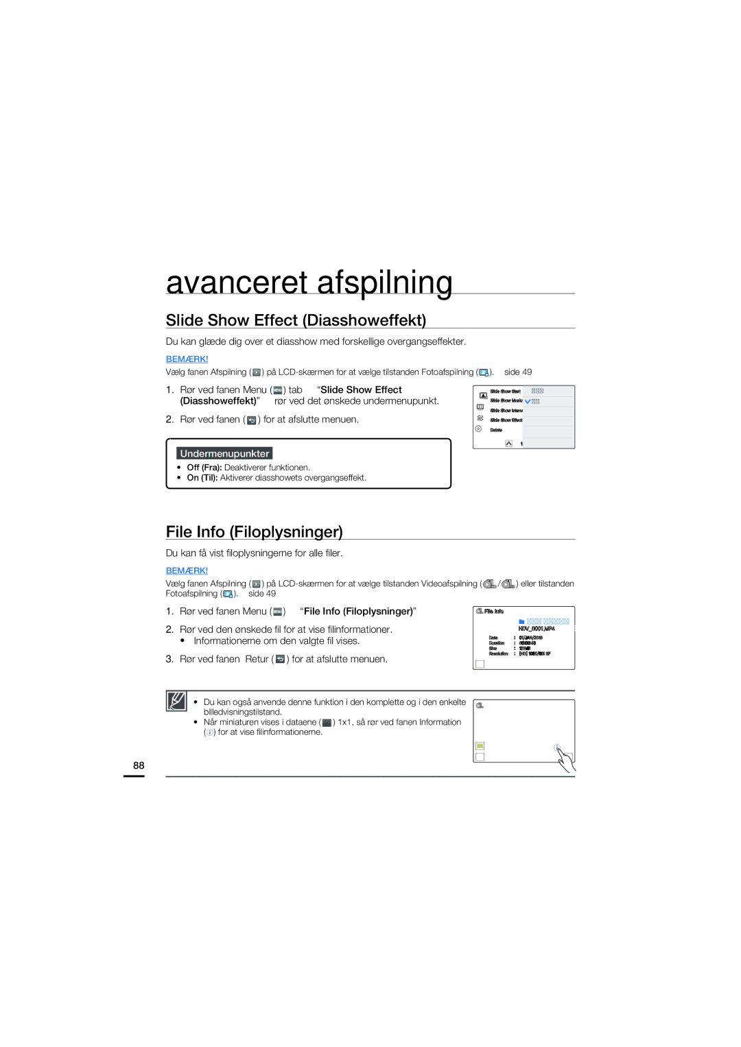 Samsung HMX-S10BP/EDC manual Slide Show Effect Diasshoweffekt, File Info Filoplysninger, Side 