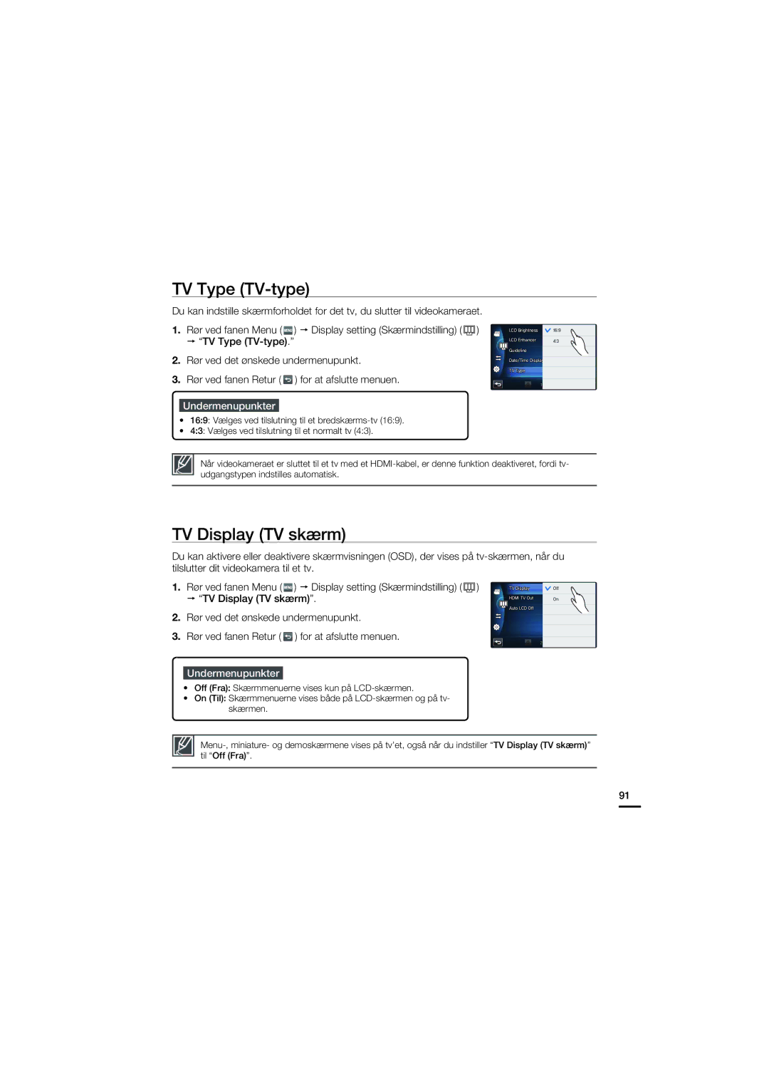 Samsung HMX-S10BP/EDC manual TV Type TV-type, TV Display TV skærm 