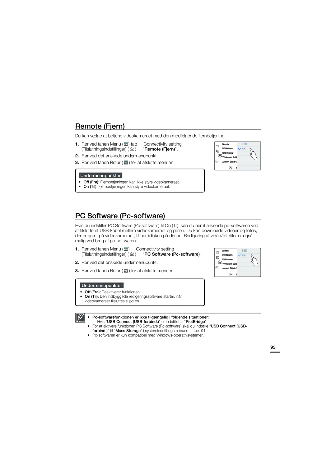 Samsung HMX-S10BP/EDC manual Remote Fjern, PC Software Pc-software 