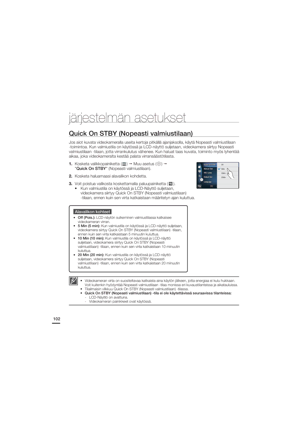 Samsung HMX-S10BP/EDC manual Quick On Stby Nopeasti valmiustilaan, 102 