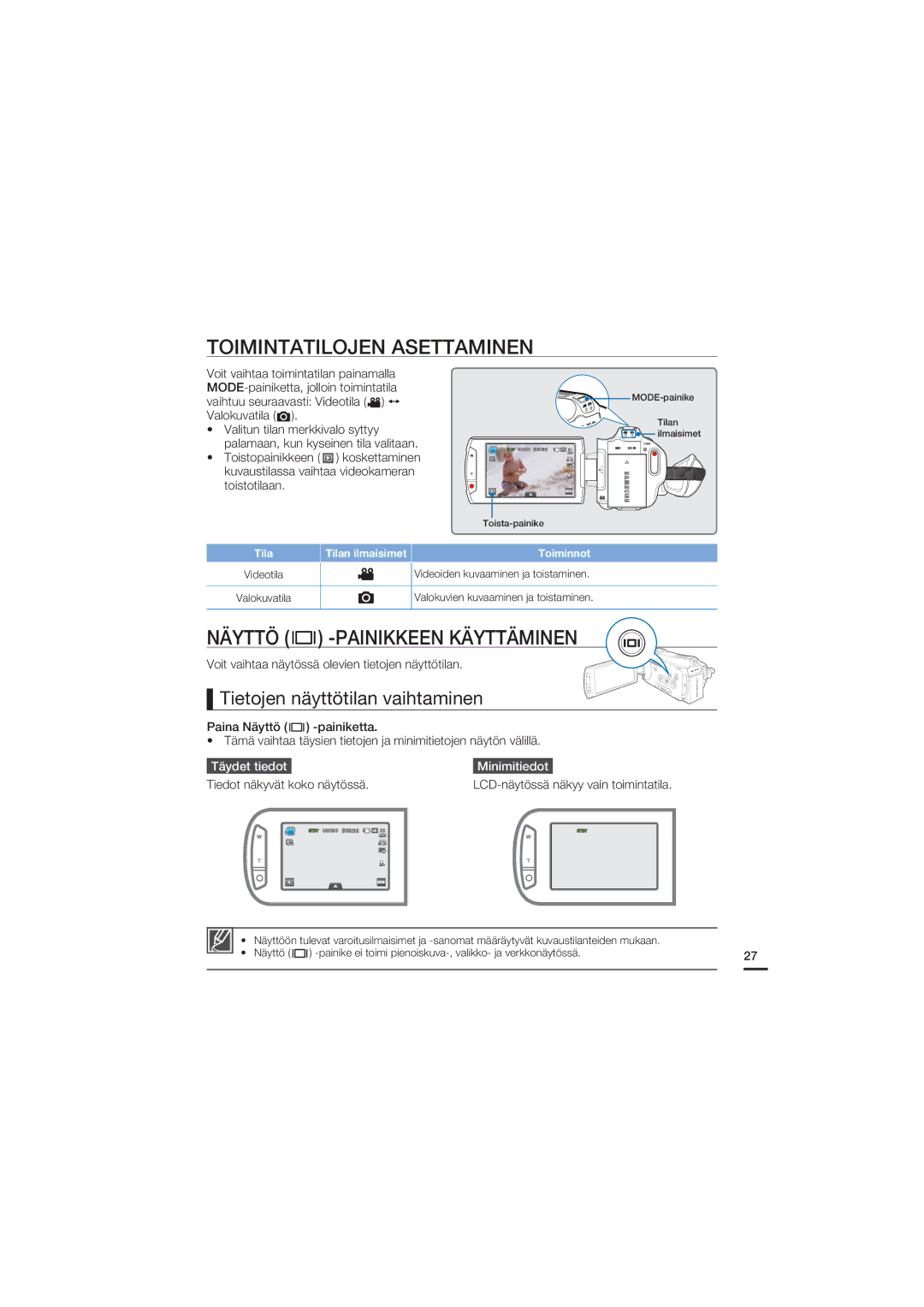 Samsung HMX-S10BP/EDC manual Toimintatilojen Asettaminen, Näyttö -PAINIKKEEN Käyttäminen, Tietojen näyttötilan vaihtaminen 