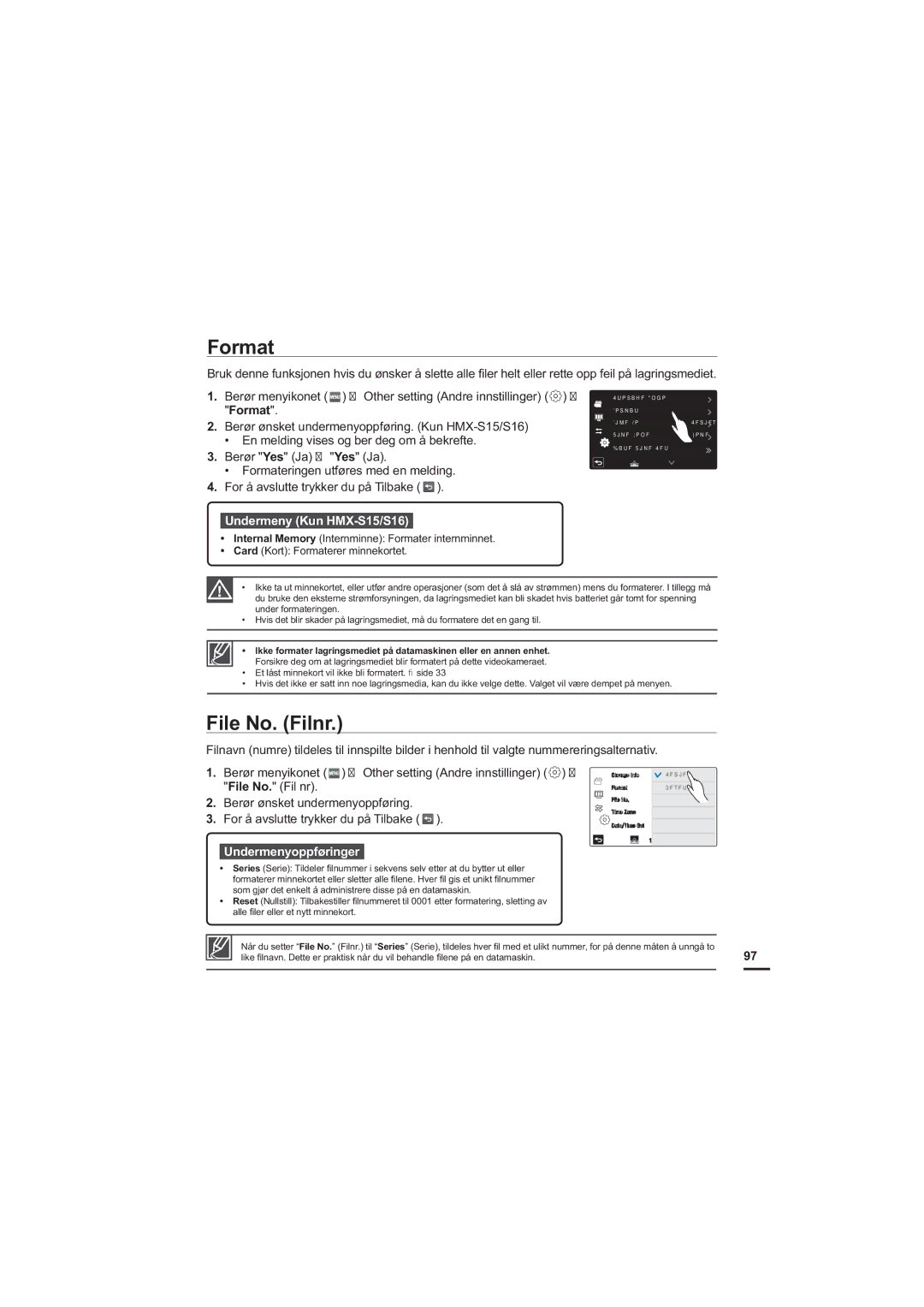 Samsung HMX-S10BP/EDC manual Format, File No. Filnr, Undermeny Kun HMX-S15/S16 