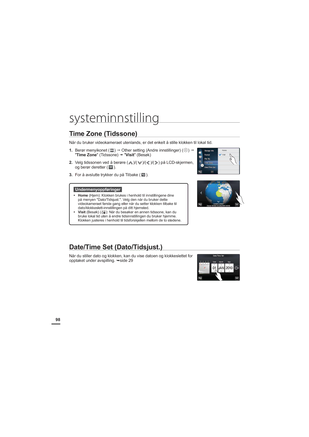 Samsung HMX-S10BP/EDC manual Time Zone Tidssone, Date/Time Set Dato/Tidsjust, Opptaket under avspilling. side 