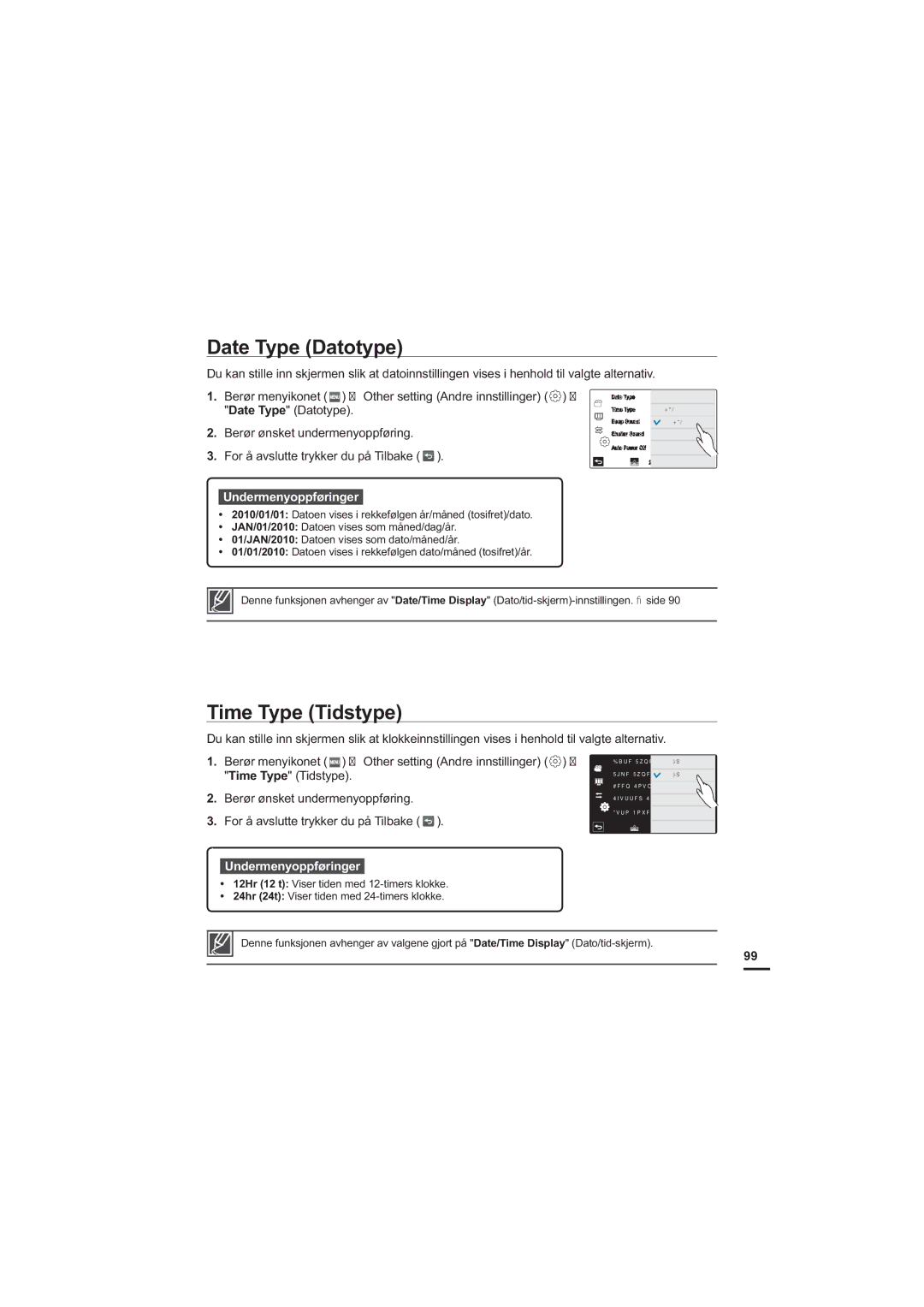 Samsung HMX-S10BP/EDC manual Date Type Datotype, Time Type Tidstype 