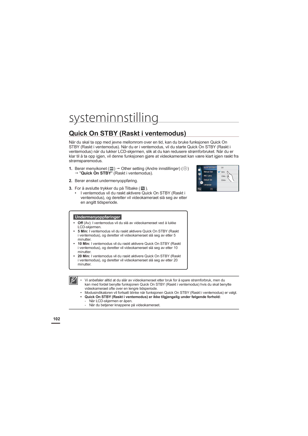 Samsung HMX-S10BP/EDC manual Quick On Stby Raskt i ventemodus, 102 