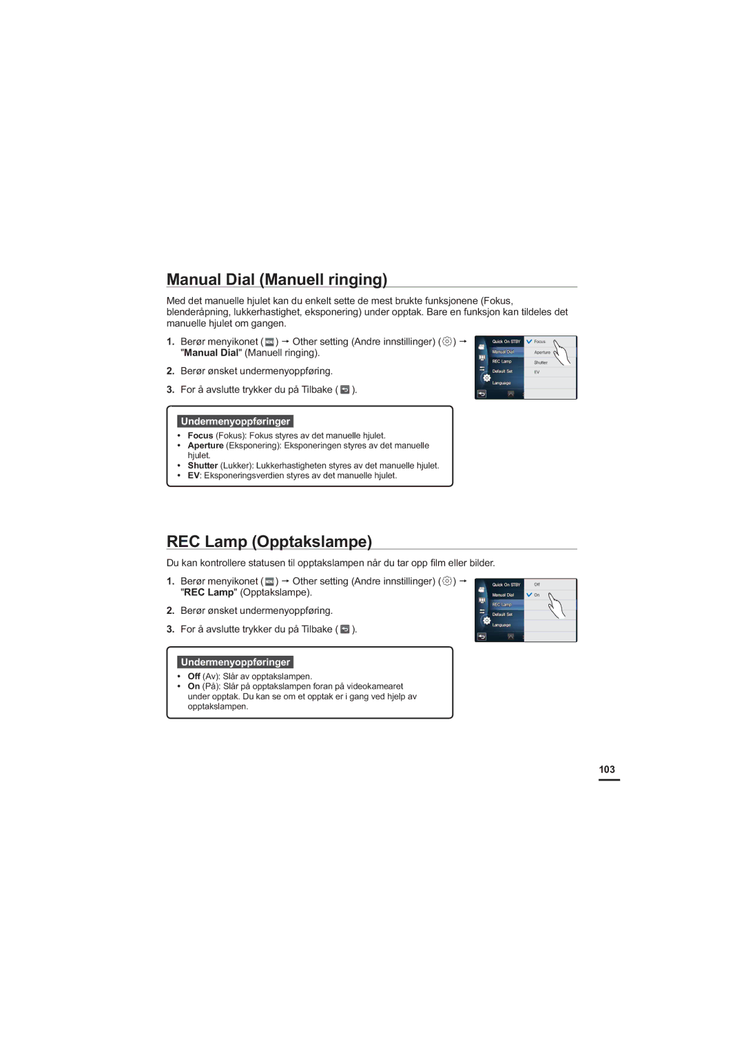 Samsung HMX-S10BP/EDC manual Manual Dial Manuell ringing, REC Lamp Opptakslampe, 103 