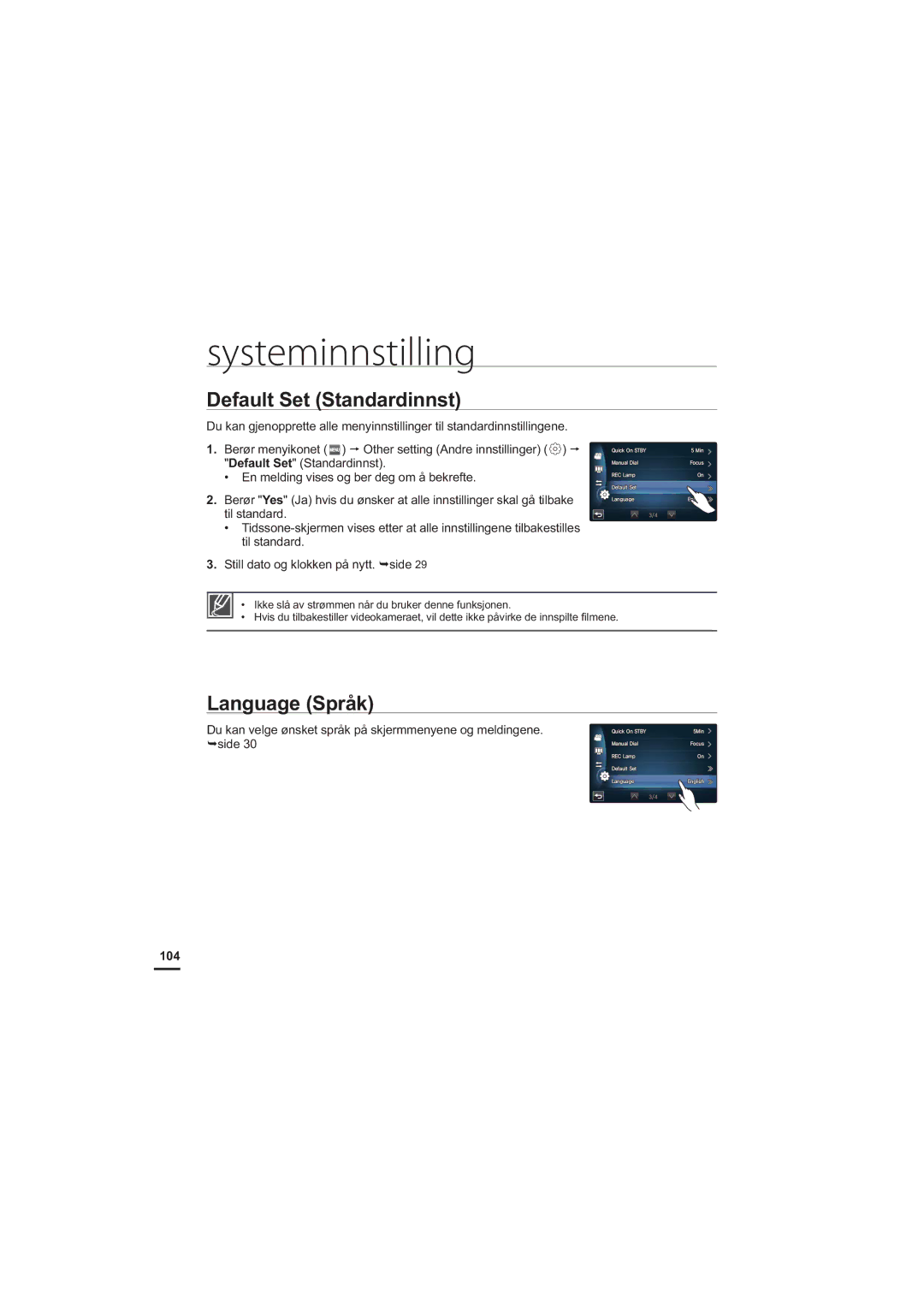 Samsung HMX-S10BP/EDC manual Default Set Standardinnst, Language Språk, 104 