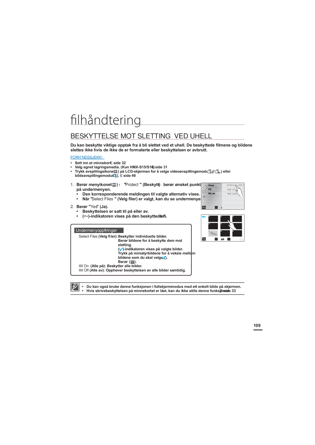 Samsung HMX-S10BP/EDC manual Fi lhåndtering, Beskyttelse MOT Sletting VED Uhell, 109 