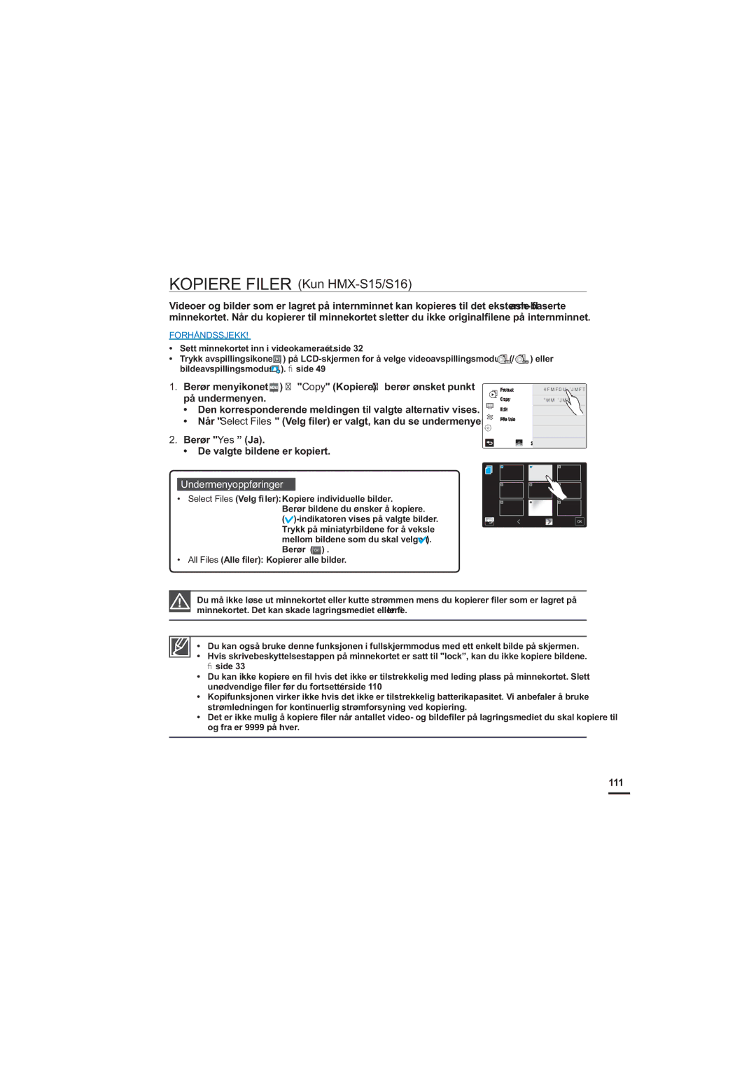 Samsung HMX-S10BP/EDC manual Kopiere Filer Kun HMX-S15/S16, 111 