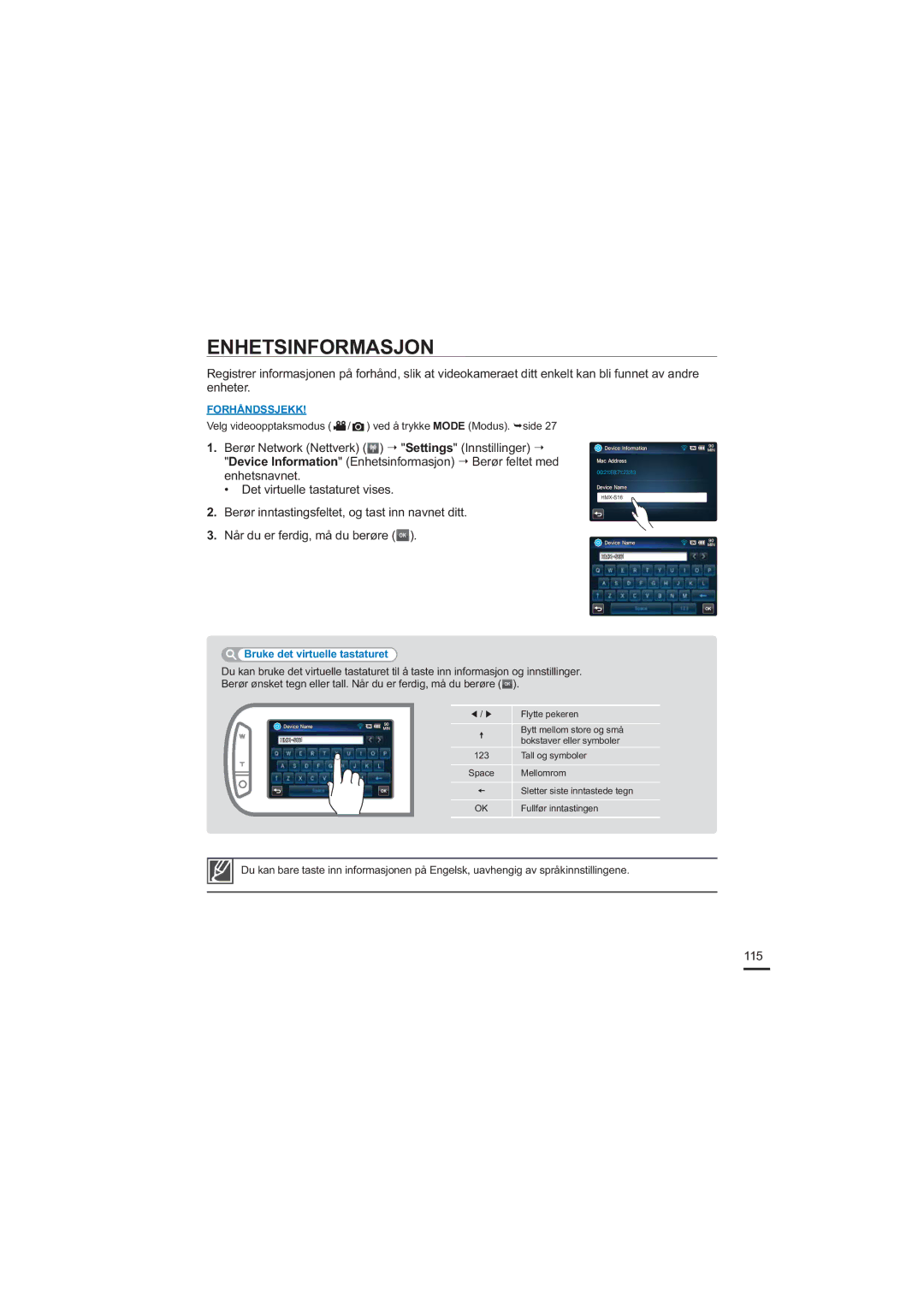 Samsung HMX-S10BP/EDC manual Enhetsinformasjon, 115, Bruke det virtuelle tastaturet 