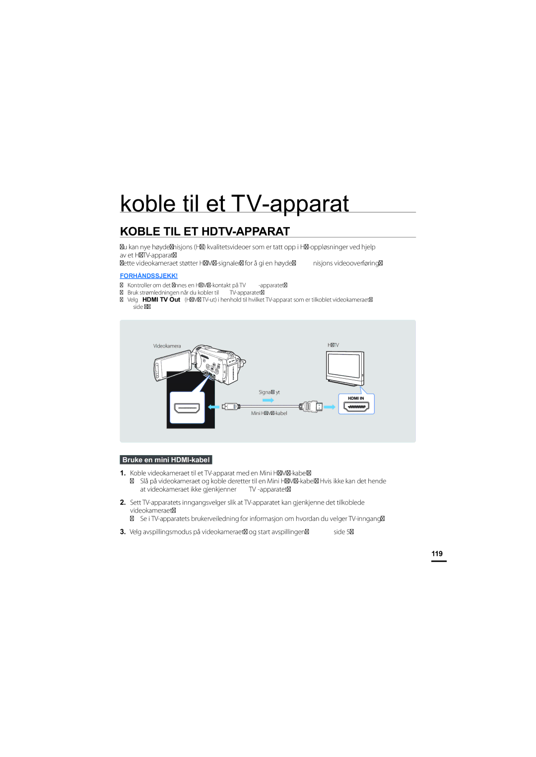 Samsung HMX-S10BP/EDC manual Koble til et TV-apparat, Koble TIL ET HDTV-APPARAT, Bruke en mini HDMI-kabel, 119 