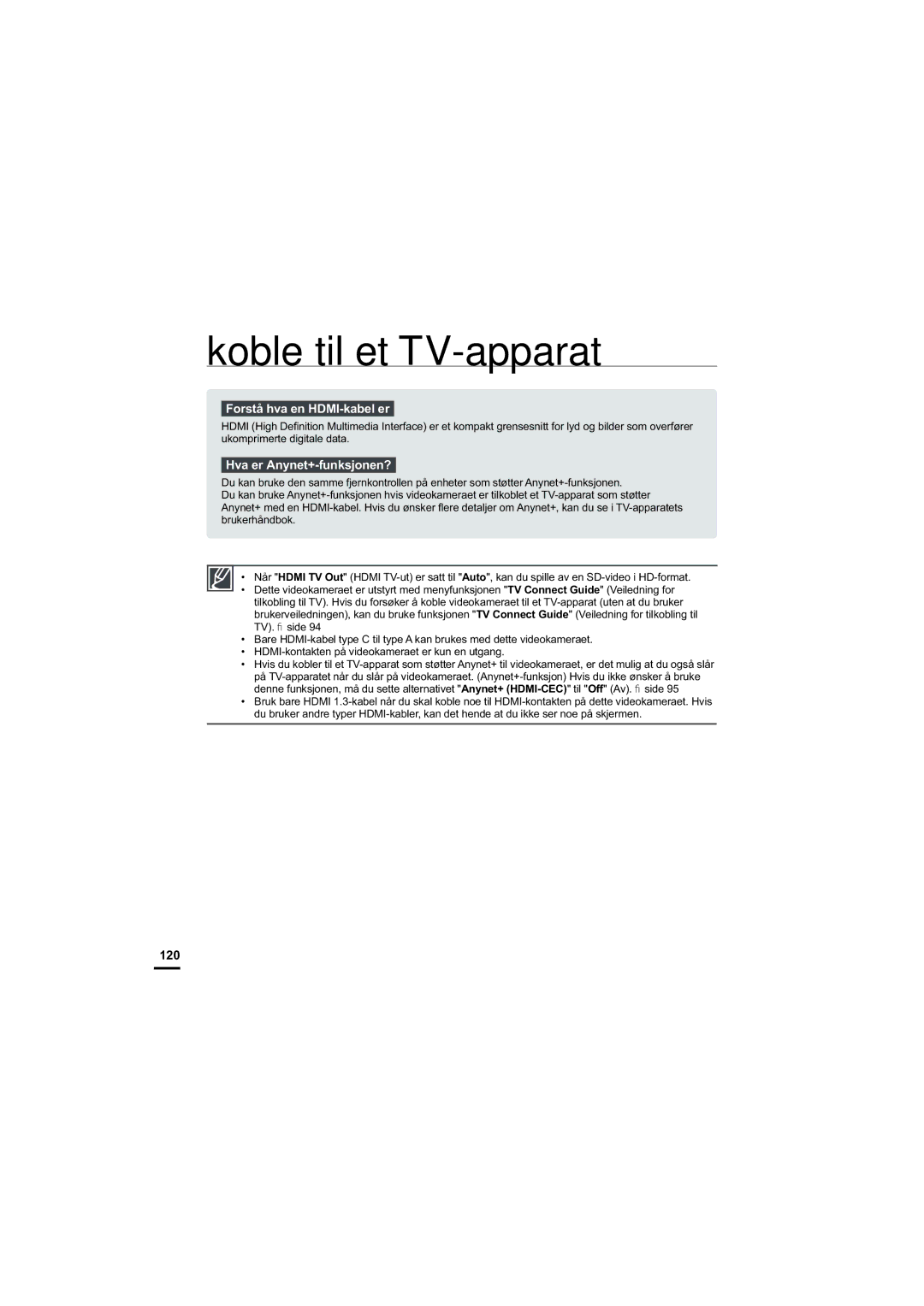 Samsung HMX-S10BP/EDC manual Forstå hva en HDMI-kabel er, Hva er Anynet+-funksjonen?, 120 