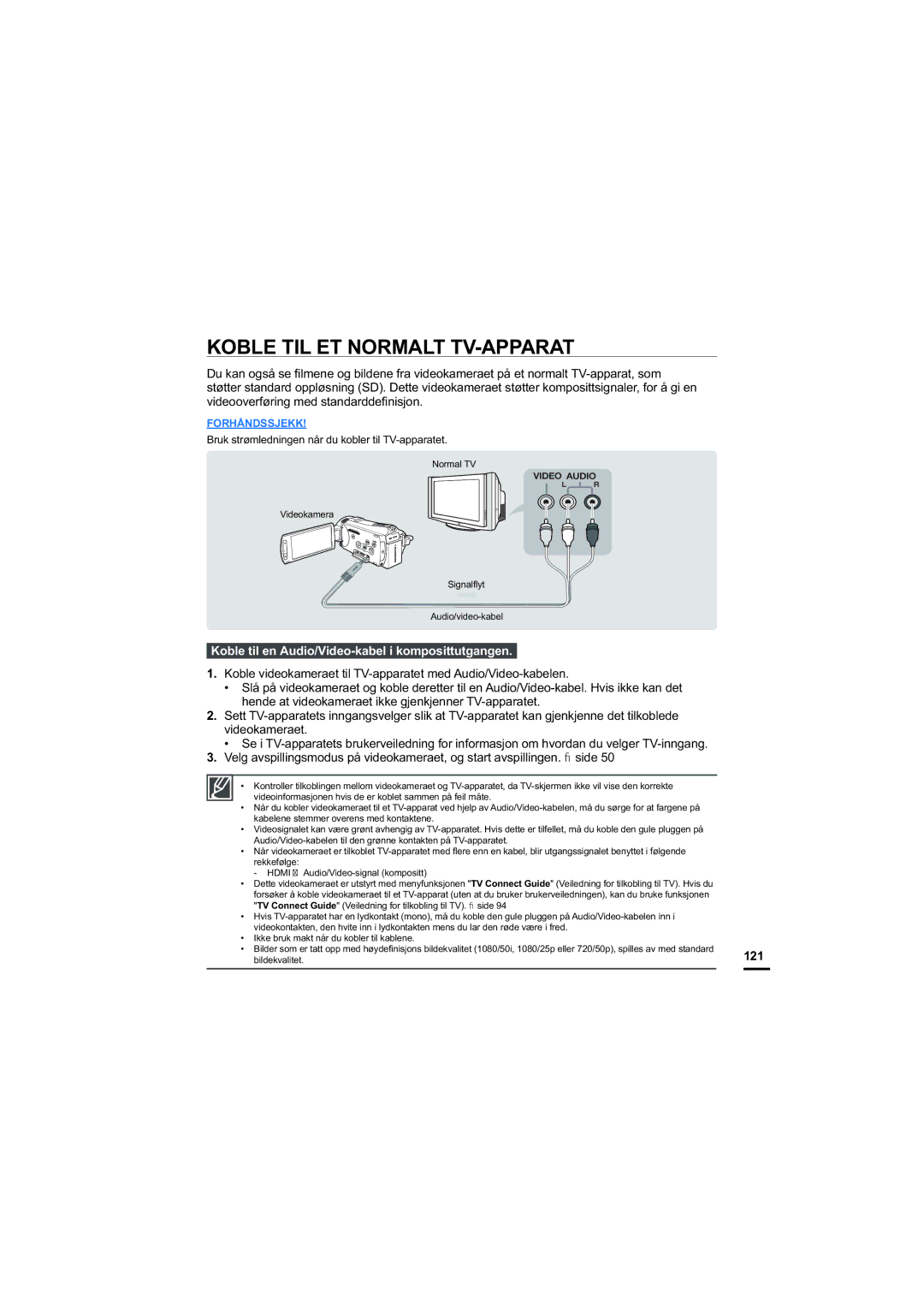 Samsung HMX-S10BP/EDC manual Koble TIL ET Normalt TV-APPARAT, Koble til en Audio/Video-kabel i komposittutgangen, 121 