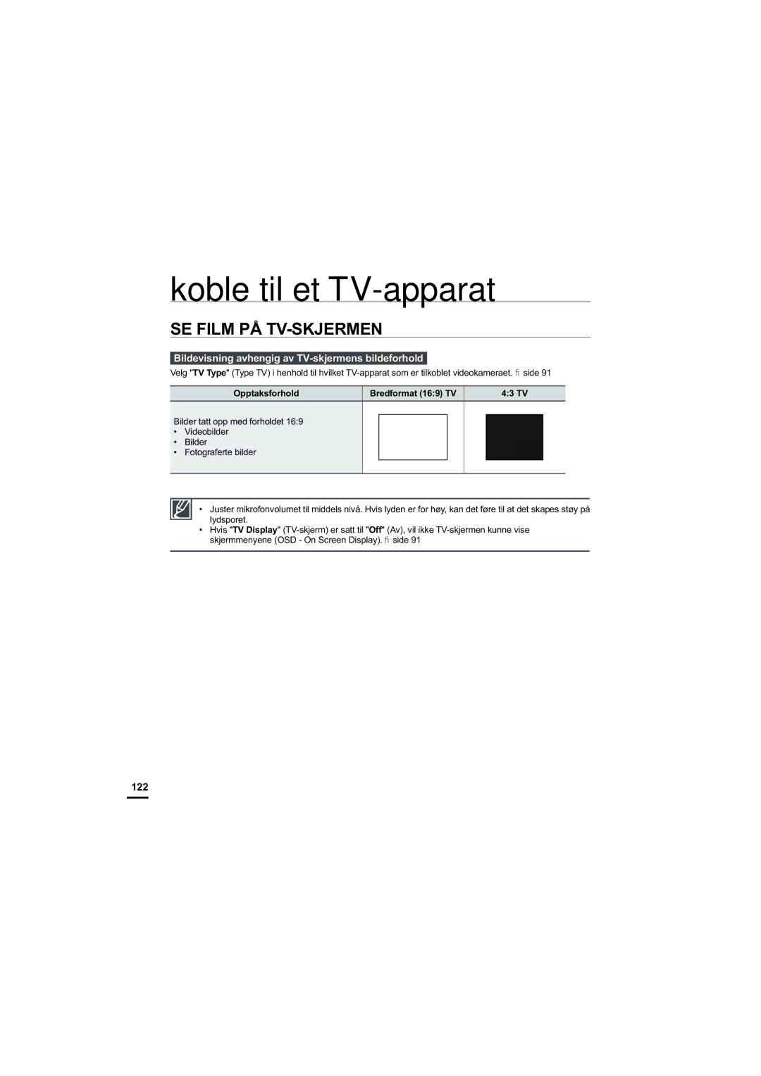 Samsung HMX-S10BP/EDC manual SE Film PÅ TV-SKJERMEN, Bildevisning avhengig av TV-skjermens bildeforhold, 122 