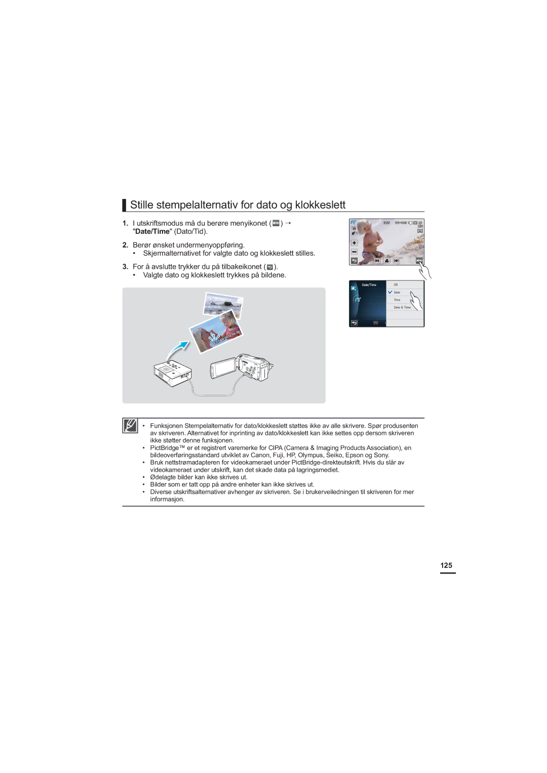 Samsung HMX-S10BP/EDC manual Stille stempelalternativ for dato og klokkeslett, Utskriftsmodus må du berøre menyikonet, 125 