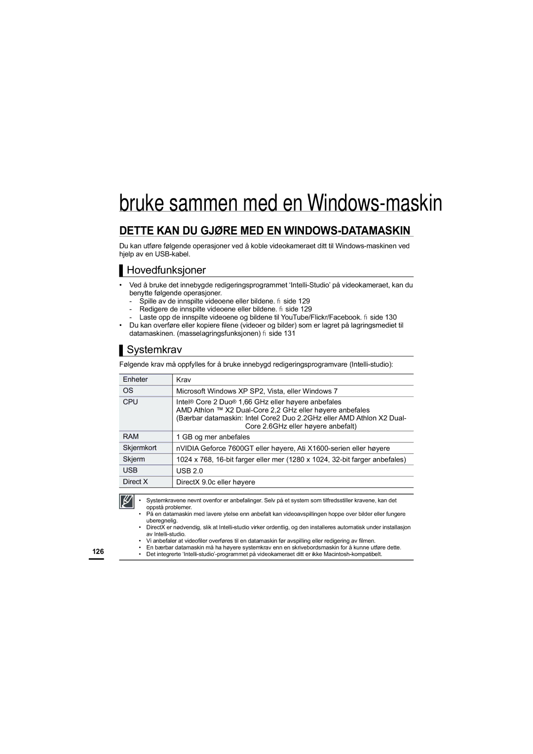 Samsung HMX-S10BP/EDC manual Dette KAN DU Gjøre MED EN WINDOWS-DATAMASKIN, Hovedfunksjoner, Systemkrav 