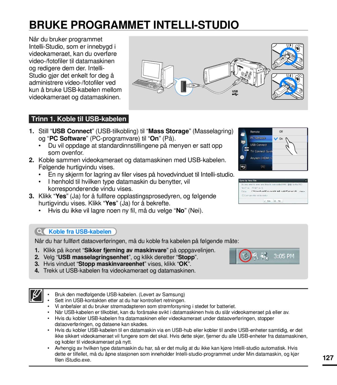 Samsung HMX-S10BP/EDC manual Bruke Programmet INTELLI-STUDIO, Trinn 1. Koble til USB-kabelen 