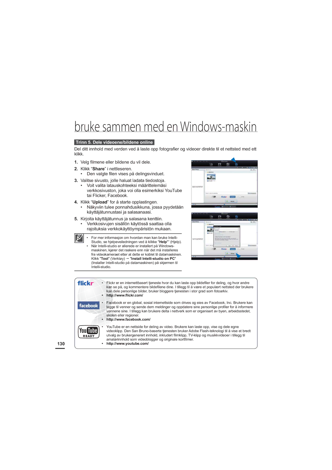 Samsung HMX-S10BP/EDC manual Trinn 5. Dele videoene/bildene online, 130 