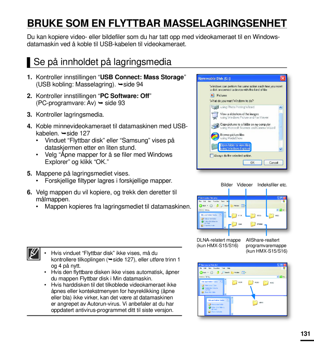 Samsung HMX-S10BP/EDC manual Bruke SOM EN Flyttbar Masselagringsenhet 