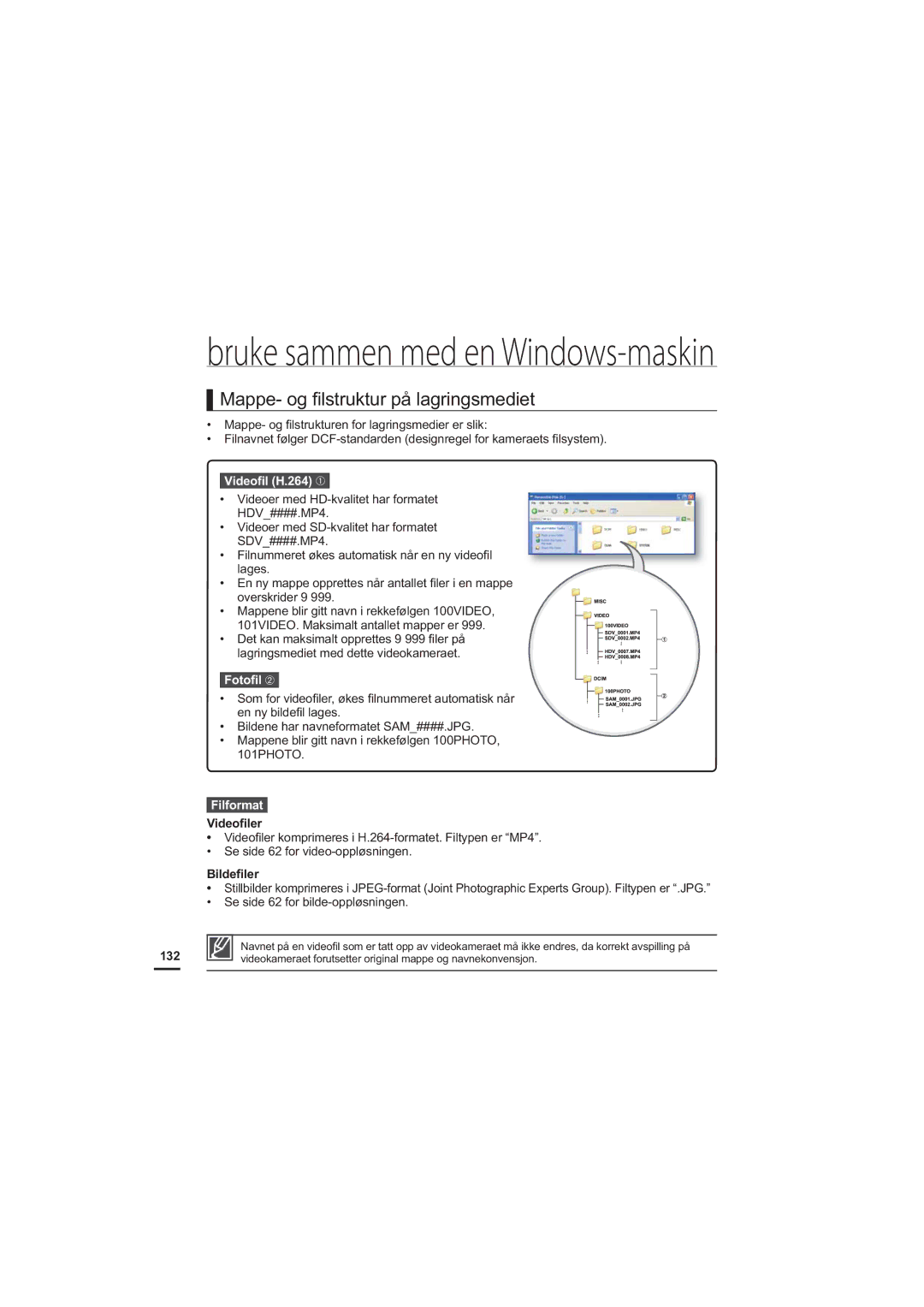 Samsung HMX-S10BP/EDC manual Mappe- og ﬁ lstruktur på lagringsmediet, Videoﬁl H.264 ➀, Fotoﬁl ➁, Filformat 