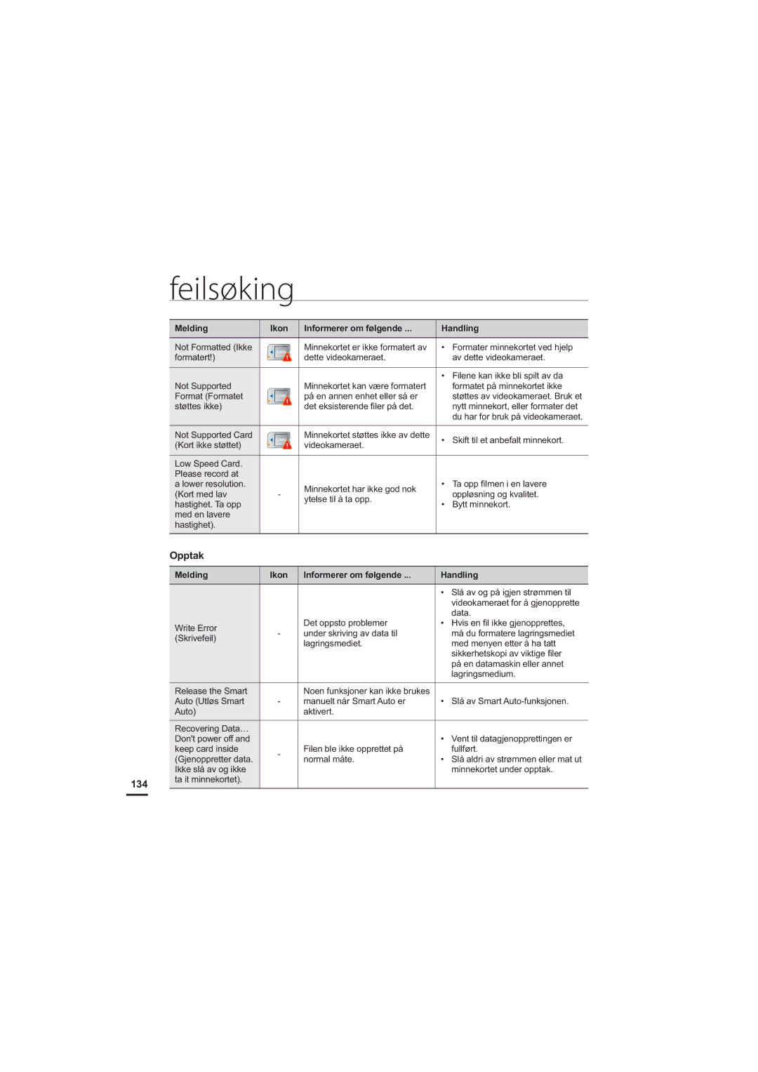 Samsung HMX-S10BP/EDC manual Opptak, 134 