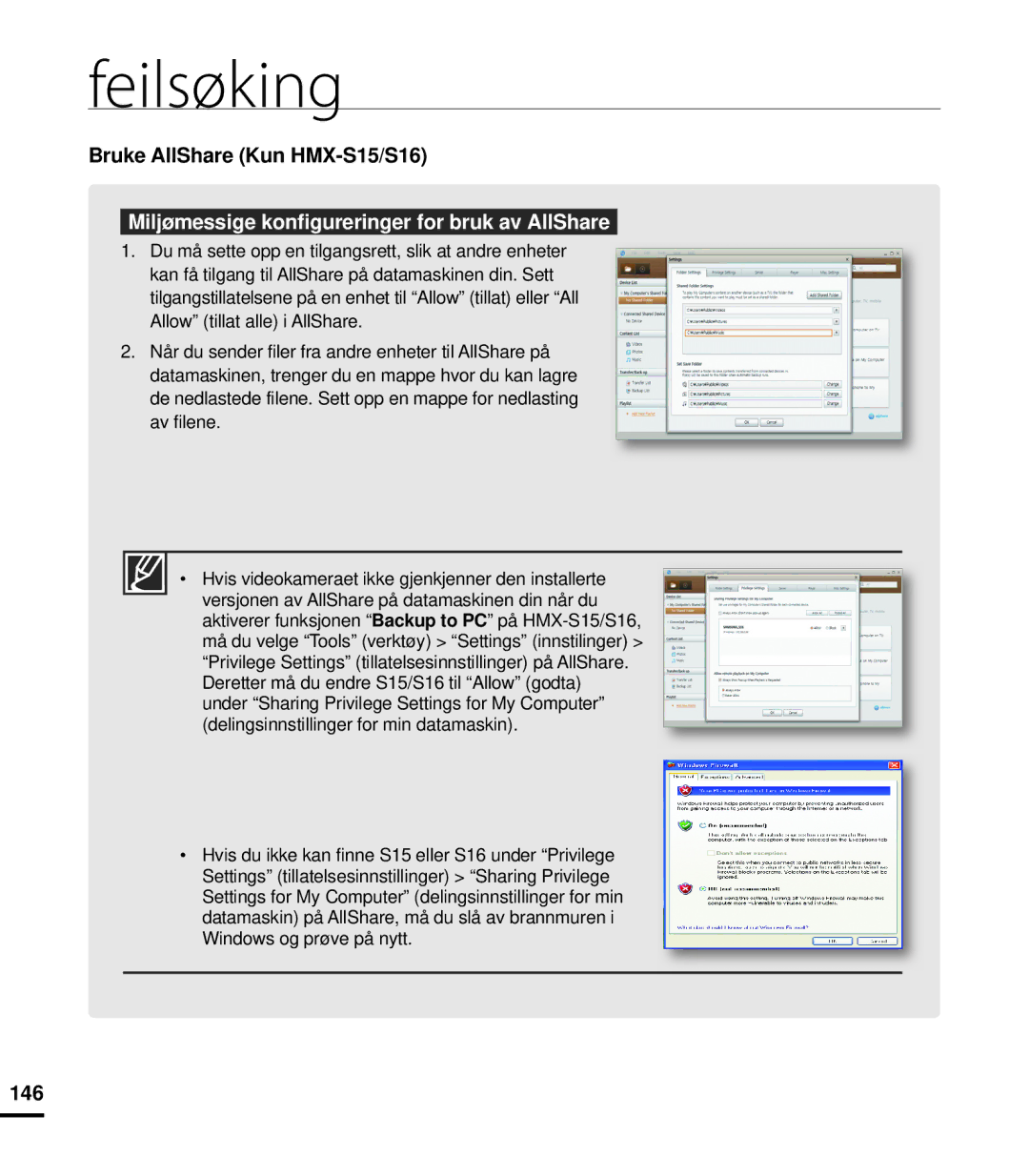 Samsung HMX-S10BP/EDC manual Feilsøking, Miljømessige konfigureringer for bruk av AllShare 