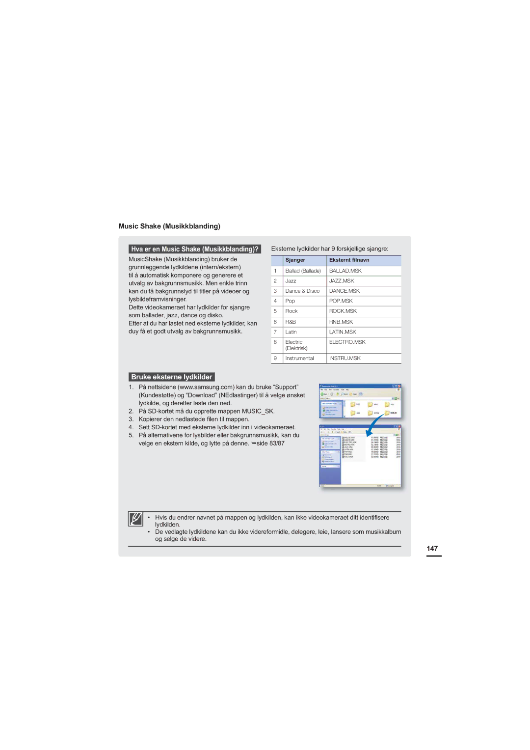 Samsung HMX-S10BP/EDC manual Music Shake Musikkblanding, Bruke eksterne lydkilder, 147 