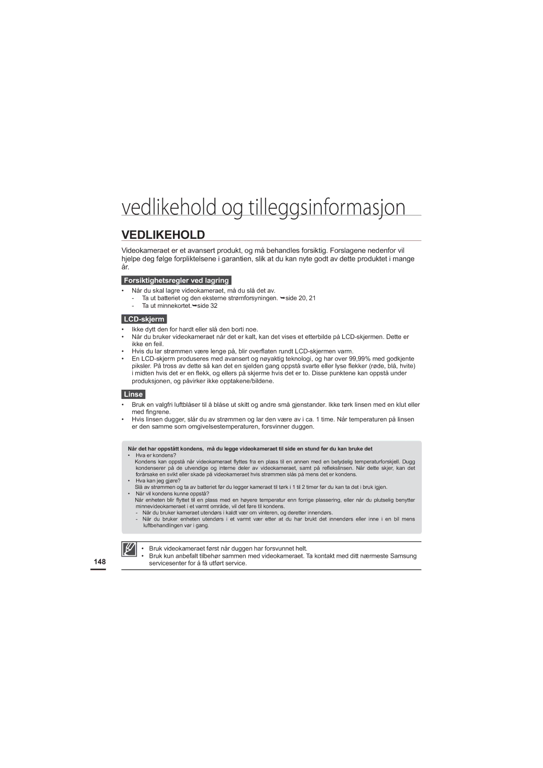 Samsung HMX-S10BP/EDC manual Vedlikehold, Forsiktighetsregler ved lagring, LCD-skjerm, Linse 