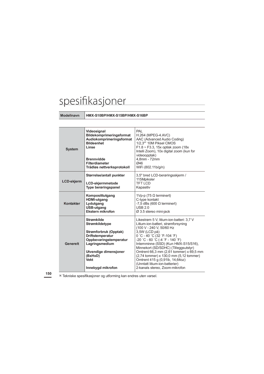 Samsung HMX-S10BP/EDC manual Spesifikasjoner 