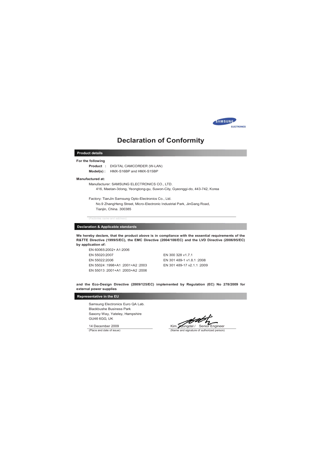 Samsung HMX-S10BP/EDC manual Declaration of Conformity 