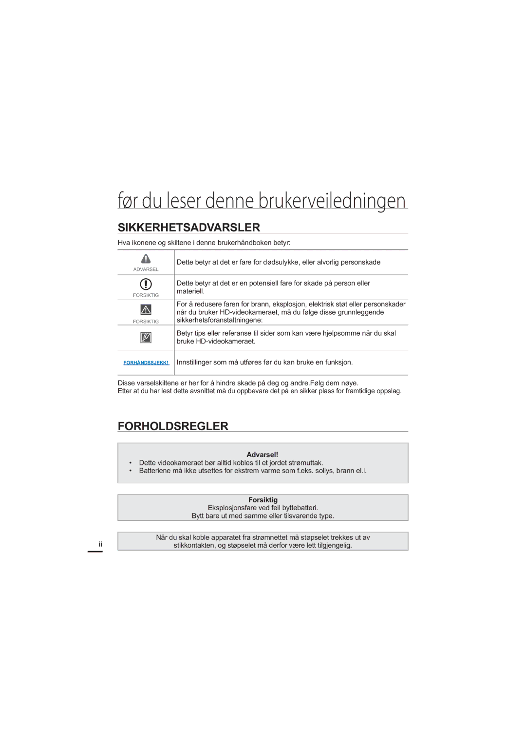 Samsung HMX-S10BP/EDC manual Sikkerhetsadvarsler, Forholdsregler, Forsiktig 