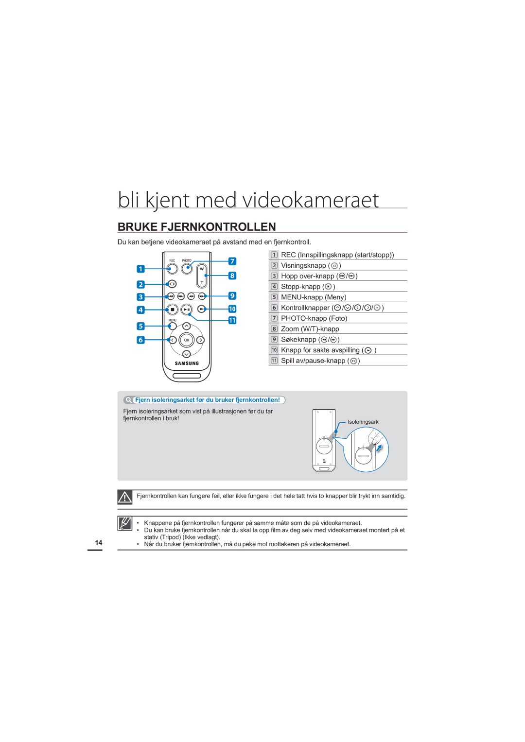 Samsung HMX-S10BP/EDC manual Bli kjent med videokameraet, Bruke Fjernkontrollen 