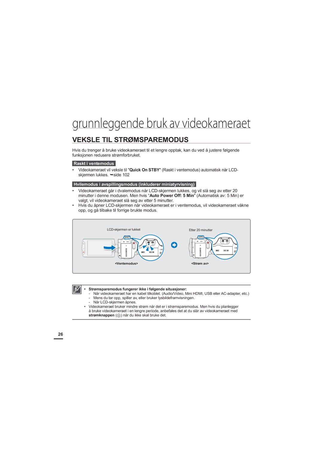 Samsung HMX-S10BP/EDC Veksle TIL Strømsparemodus, Raskt i ventemodus, Strømsparemodus fungerer ikke i følgende situasjoner 