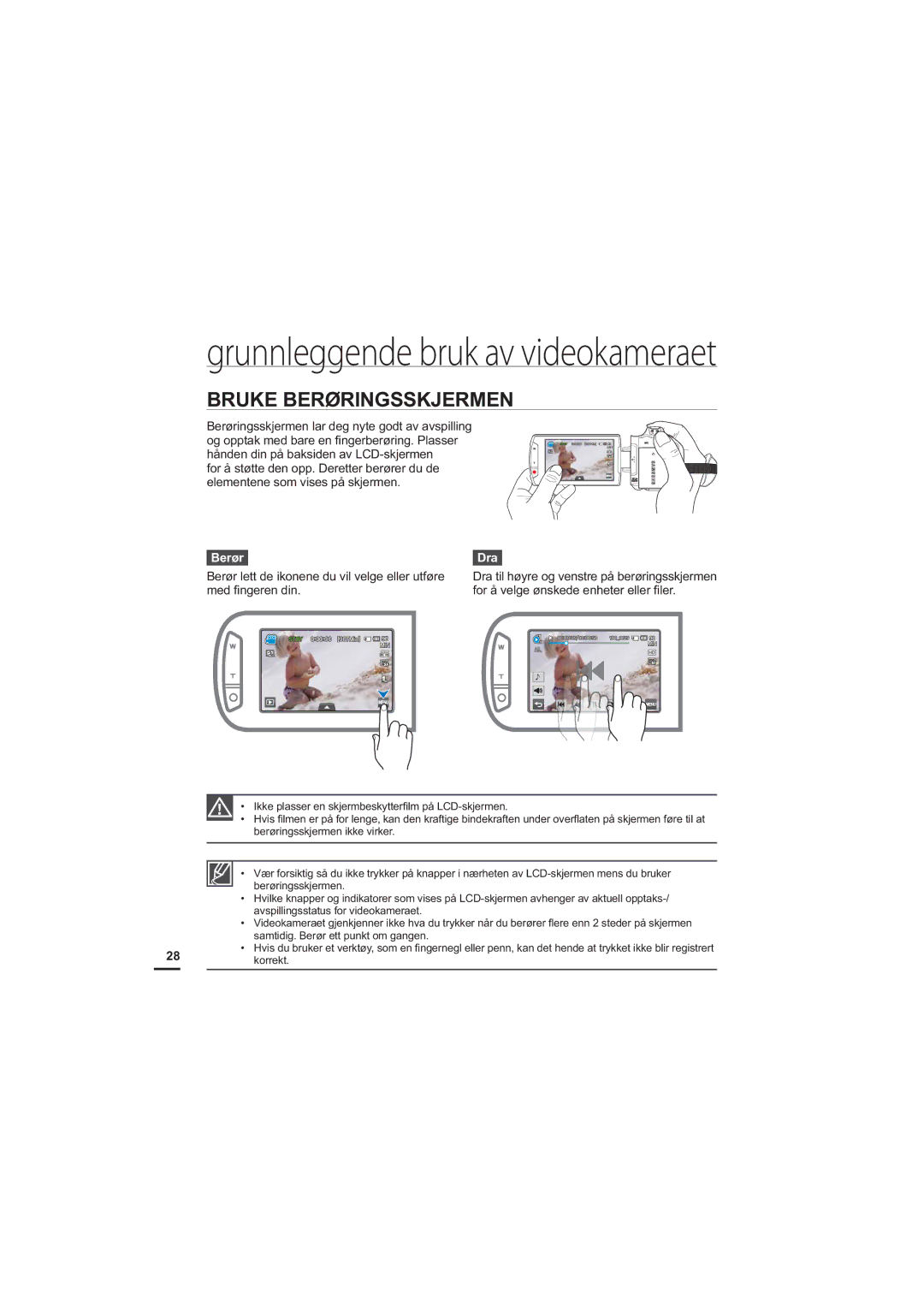 Samsung HMX-S10BP/EDC manual Bruke Berøringsskjermen 