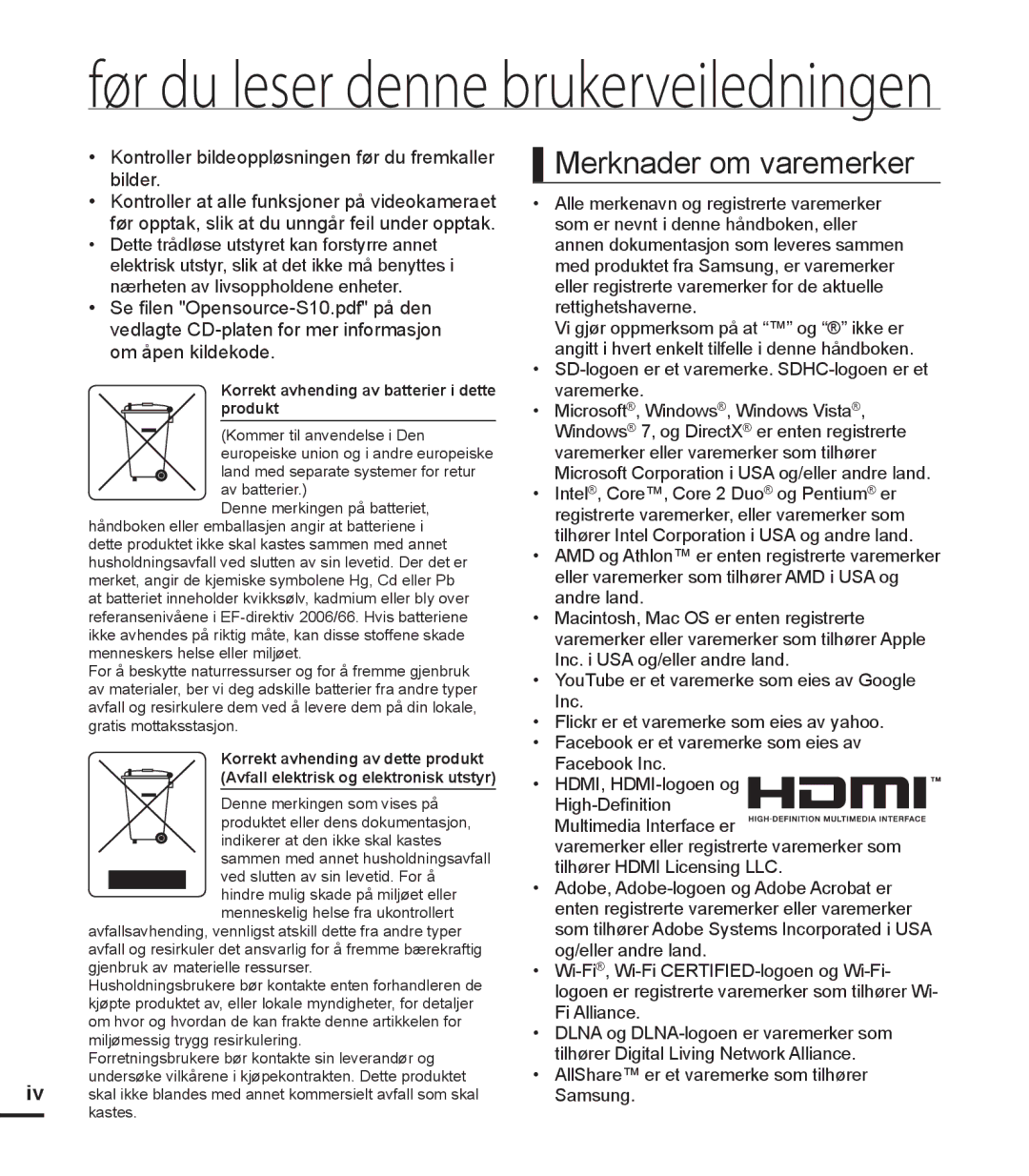 Samsung HMX-S10BP/EDC manual Før du leser denne brukerveiledningen 