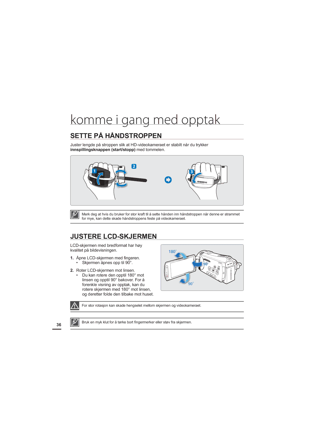 Samsung HMX-S10BP/EDC manual Sette PÅ Håndstroppen, Justere LCD-SKJERMEN 