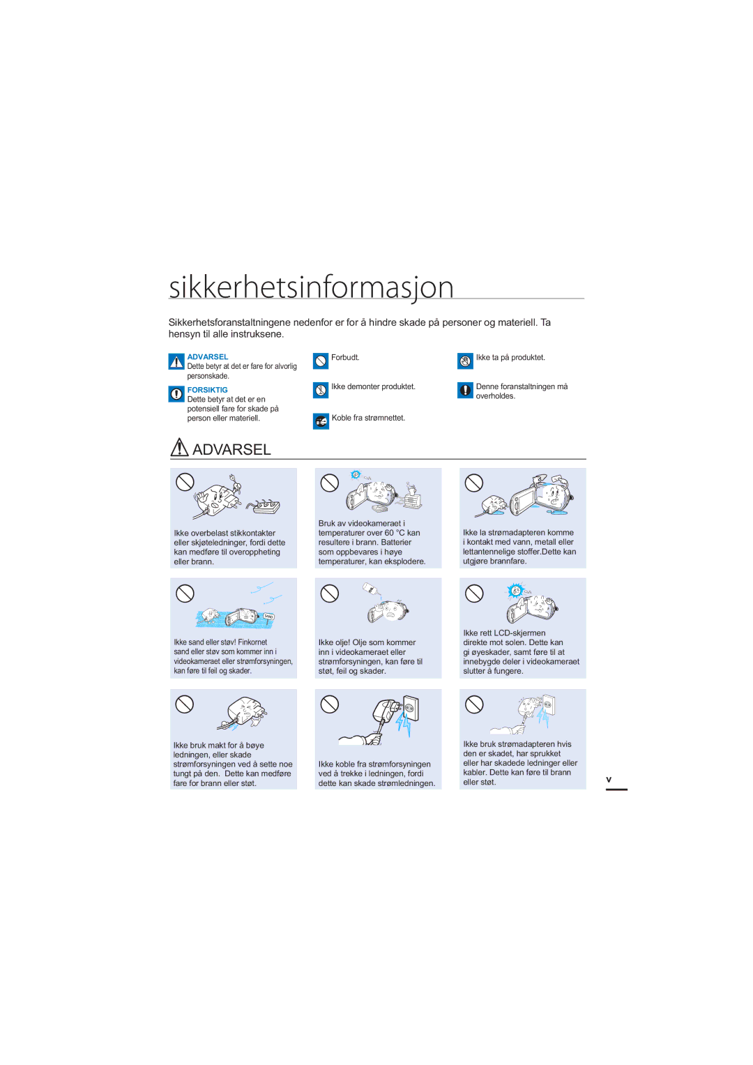 Samsung HMX-S10BP/EDC manual Sikkerhetsinformasjon, Koble fra strømnettet 