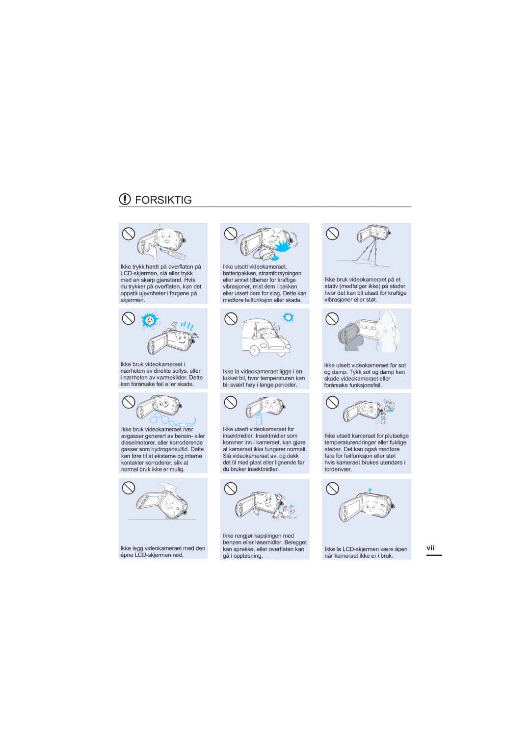 Samsung HMX-S10BP/EDC manual Forsiktig, Vii 