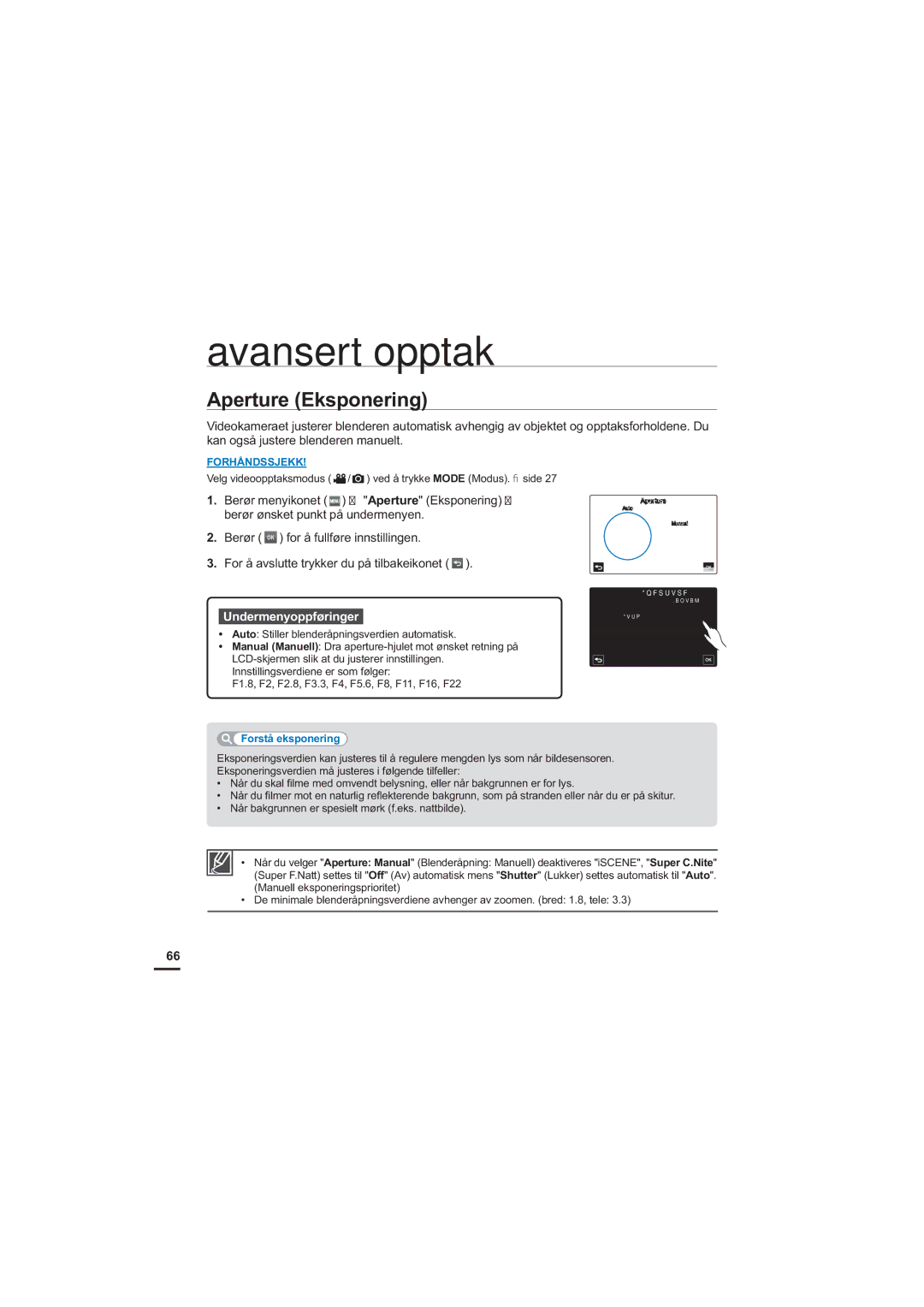 Samsung HMX-S10BP/EDC manual Aperture Eksponering, Forstå eksponering 