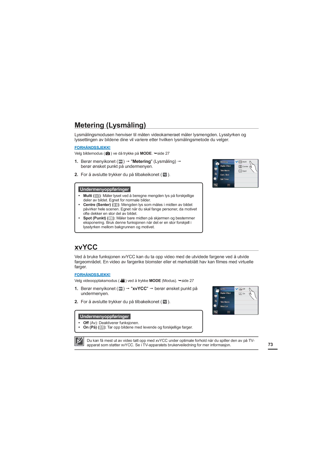 Samsung HMX-S10BP/EDC manual Metering Lysmåling, XvYCC 