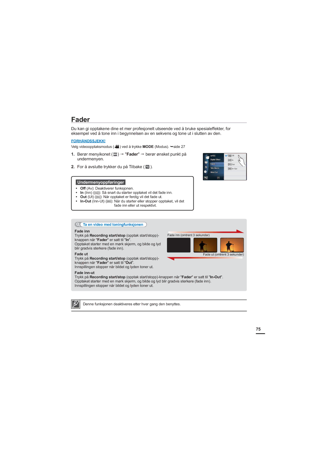 Samsung HMX-S10BP/EDC manual Fader, Ta en video med toningfunksjonen, Fade inn-ut 