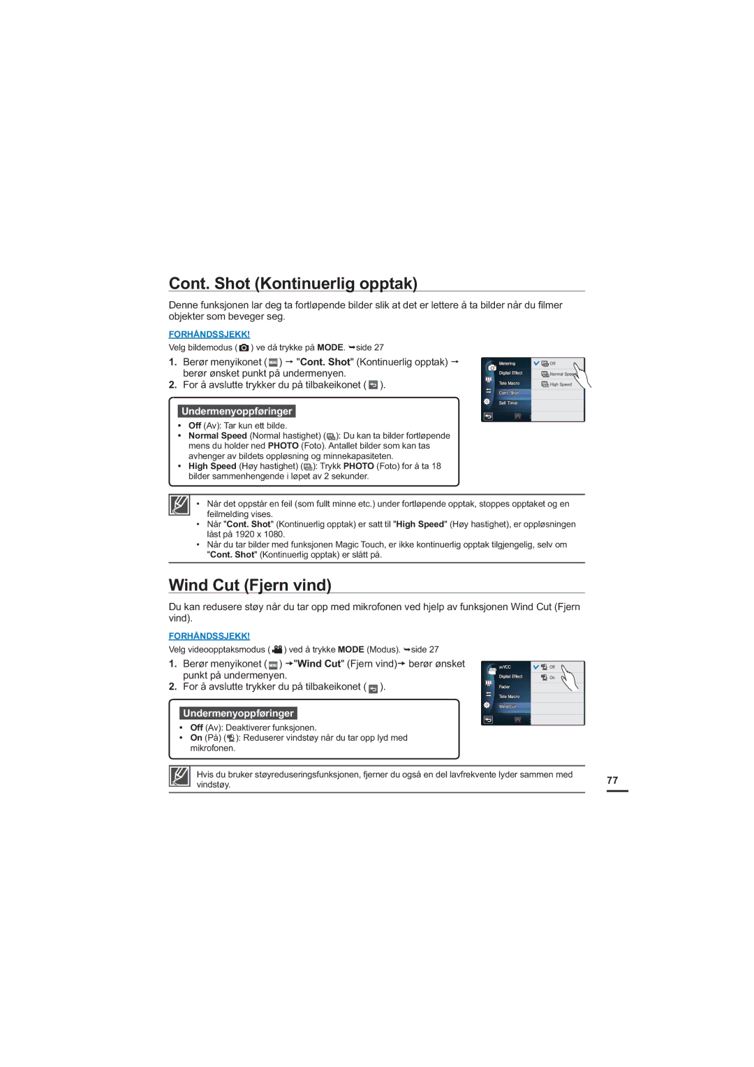 Samsung HMX-S10BP/EDC manual Cont. Shot Kontinuerlig opptak, Wind Cut Fjern vind 